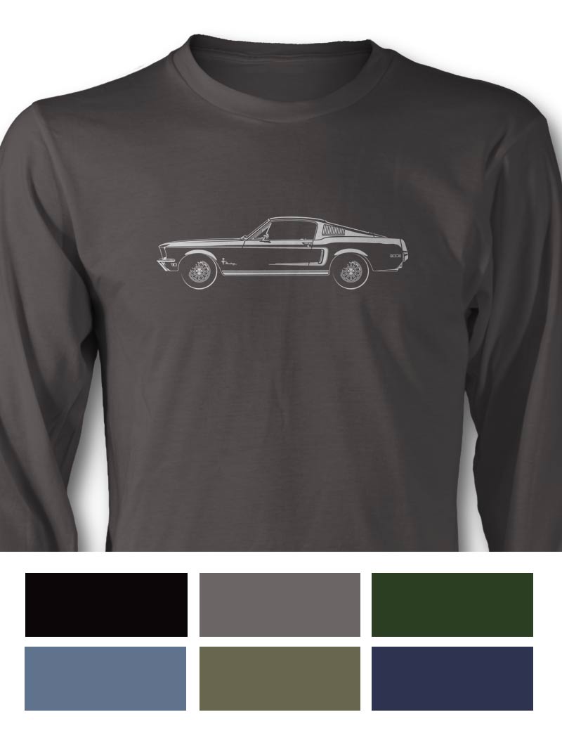 1968 Ford Mustang Base Fastback with Stripes T-Shirt - Long Sleeves - Side View