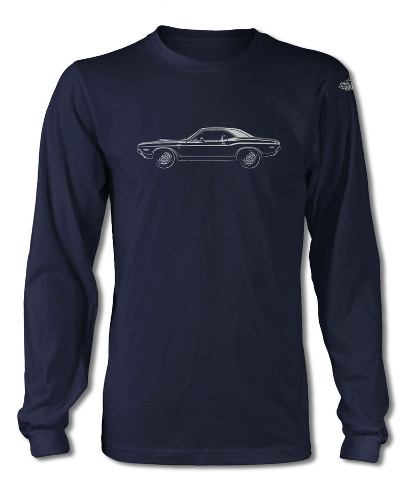 1970 Dodge Challenger RT Hardtop Shaker Hood T-Shirt - Long Sleeves - Side View