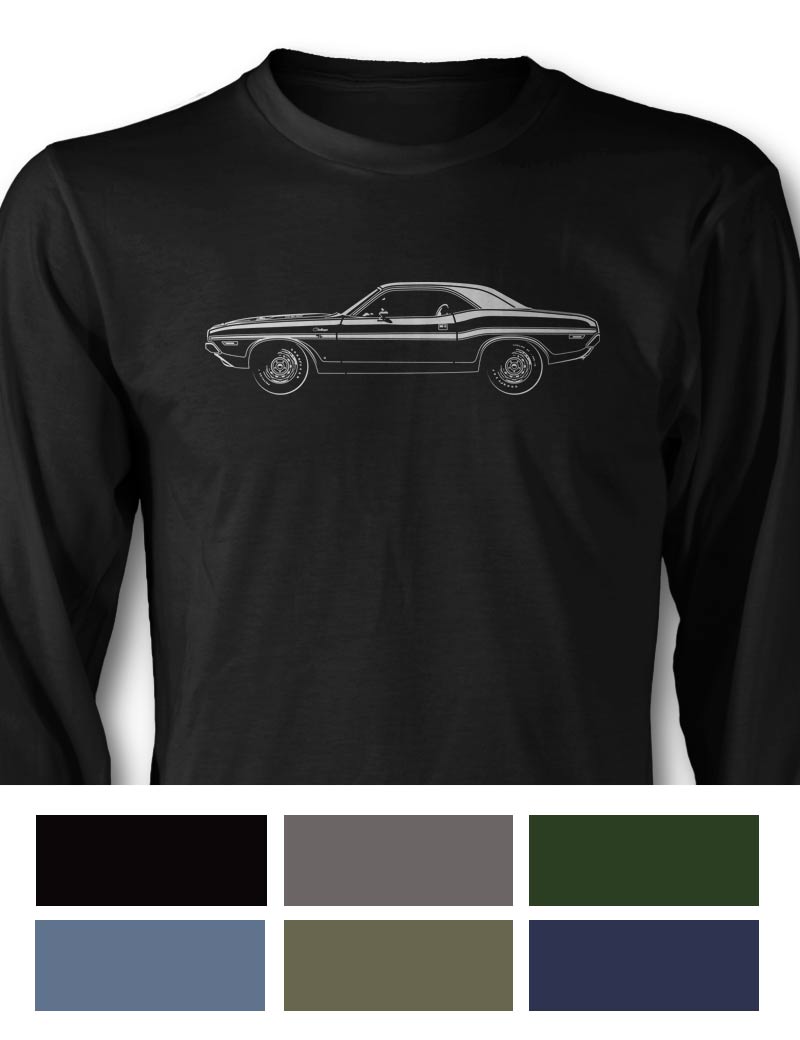 1970 Dodge Challenger RT with Stripes Hardtop Bulge Hood T-Shirt - Long Sleeves - Side View