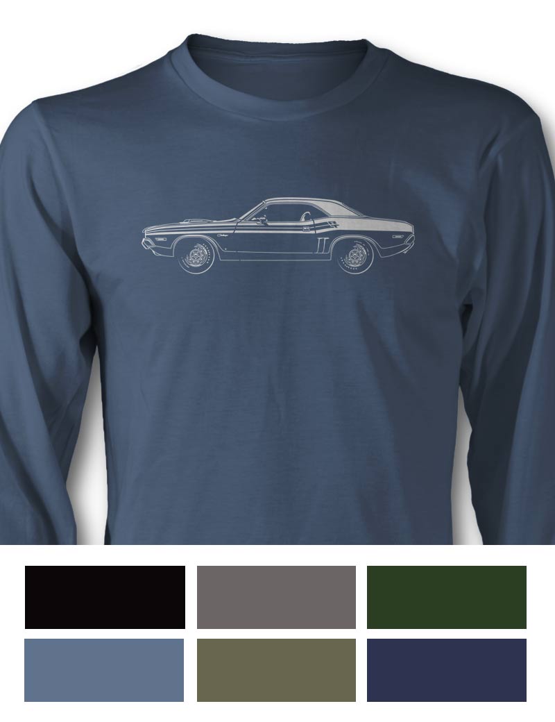 1971 Dodge Challenger RT with Stripes Hardtop Shaker Hood T-Shirt - Long Sleeves - Side View
