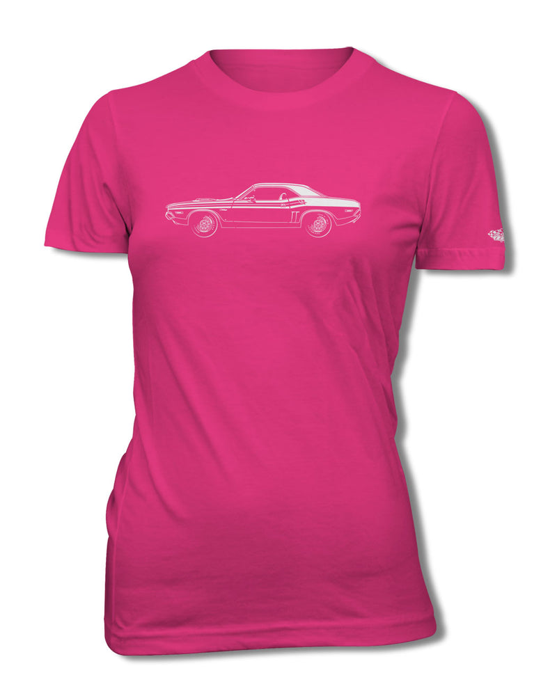 1971 Dodge Challenger RT with Stripes Hardtop Shaker Hood T-Shirt - Women - Side View