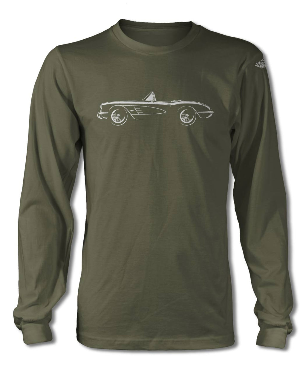 1958 Chevrolet Corvette Convertible C1 T-Shirt - Long Sleeves - Side View - Military Green - Medium