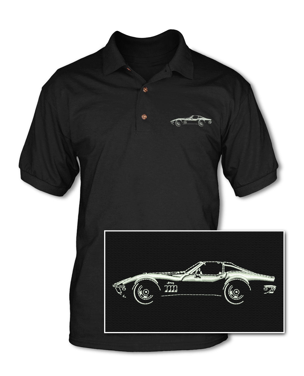 1969 Chevrolet Corvette Stingray Coupe T Top C3 Adult Pique Polo Shirt Legend Lines