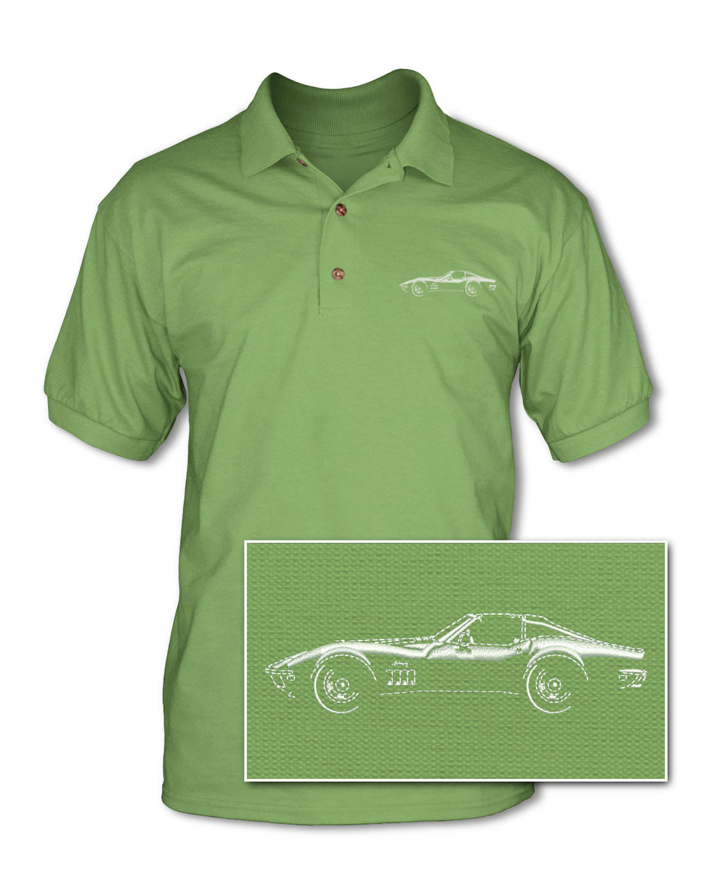 1969 Chevrolet Corvette Stingray Coupe T-Top C3 Adult Pique Polo Shirt - Side View